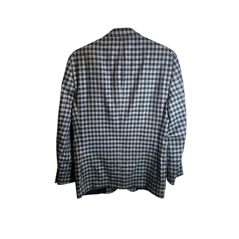 Copley Mens 40R Silk Linen Blazer Jacket Italian Fabric Navy Gray Gingham